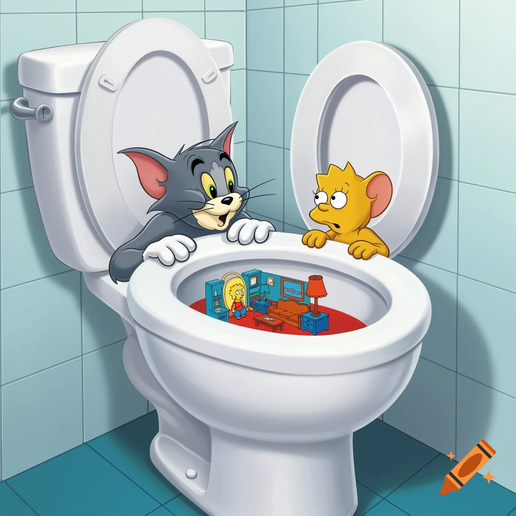 Tom and a yellow mouse-like character look into a toilet revealing a miniature living room with Lisa Simpson inside, in a cartoon style.