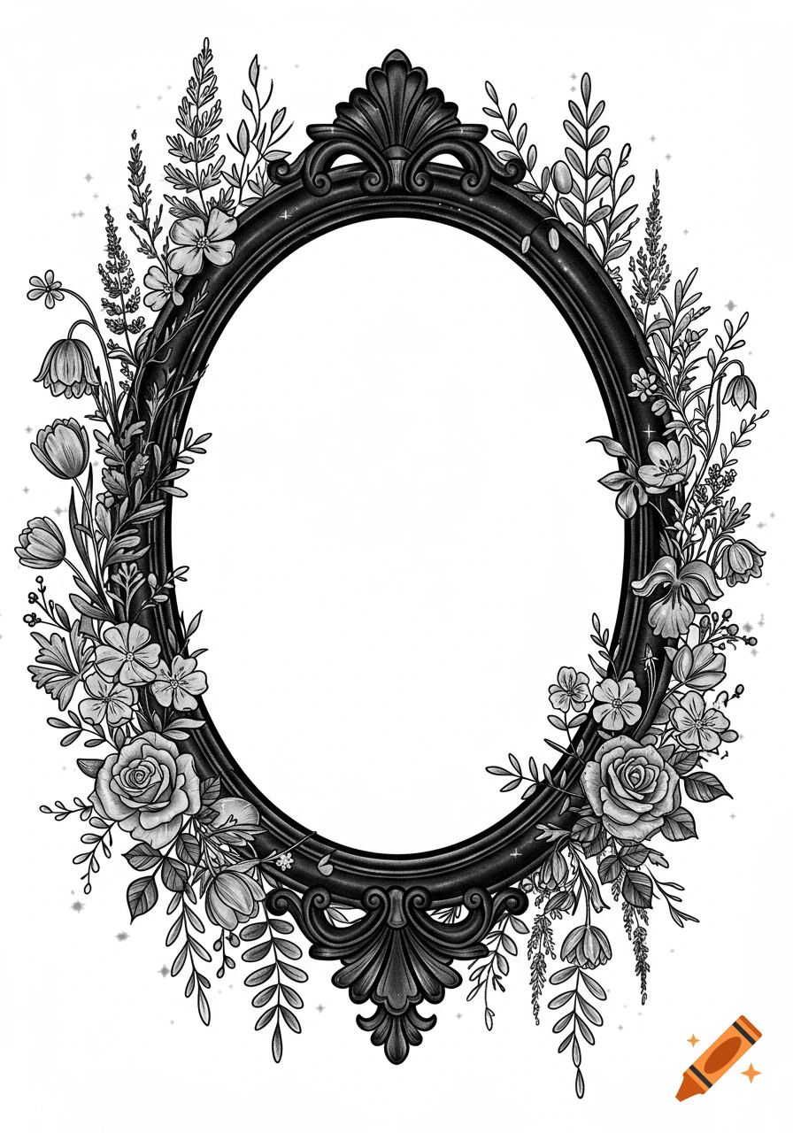 Black and gray oval antique frame surrounded by wildflowers, roses, and leaves in an illustrative style.