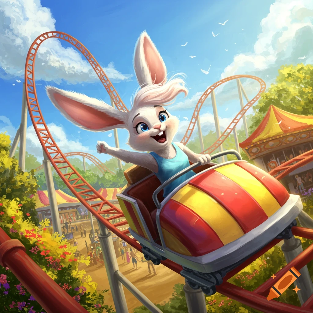 A cheerful cartoon bunny rabbit rides a rollercoaster at an amusement park under a sunny sky.