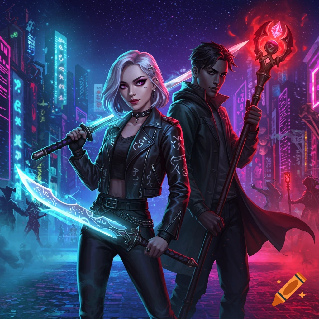 A white-haired woman with glowing blue swords and a dark-haired man with a glowing red staff stand in a vibrant neon cyberpunk city.