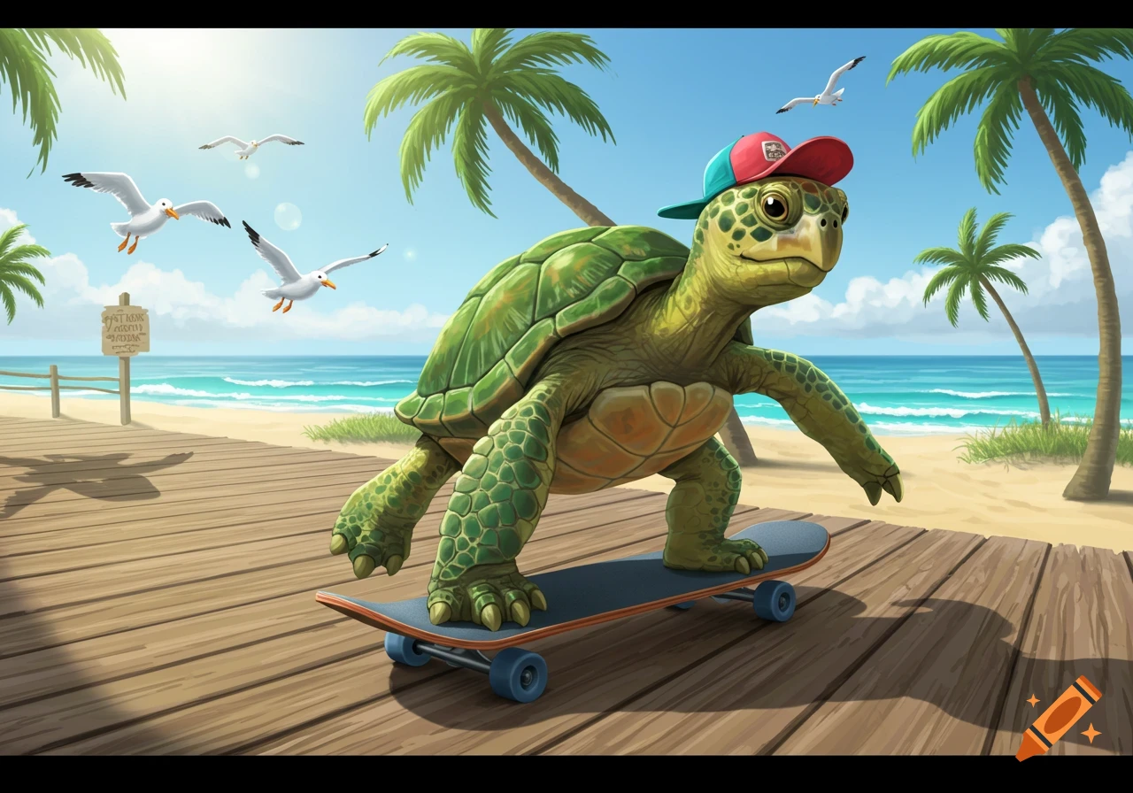 A cartoon turtle wearing a baseball cap rides a skateboard on a wooden boardwalk at a sunny beach with palm trees and seagulls flying.