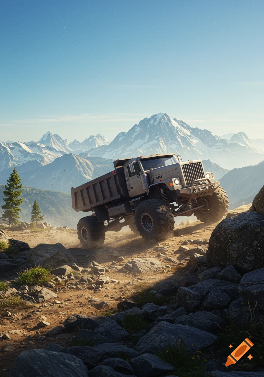 A rugged off-road dump truck ascends a rocky dirt trail with snow-capped mountains and a clear blue sky in the background, photorealistic.