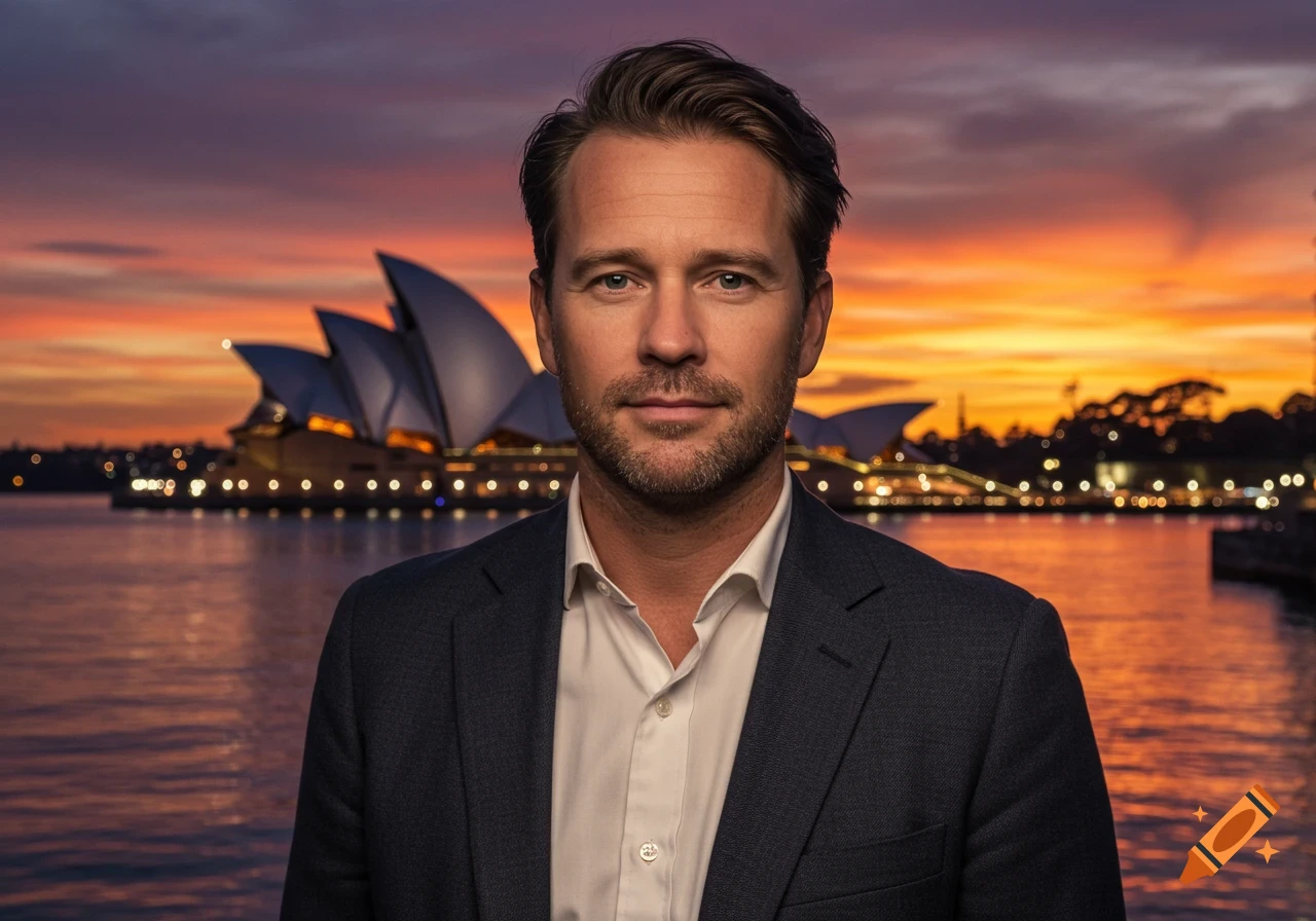 Photorealistic portrait of a man in a suit with the Sydney Opera House and a vibrant sunset in the background.