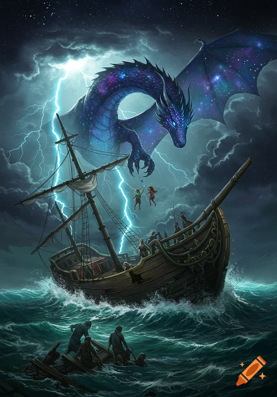 A vibrant galaxy dragon rescues two children from a sinking ship amidst a stormy sea lit by lightning, in a detailed fantasy illustration.