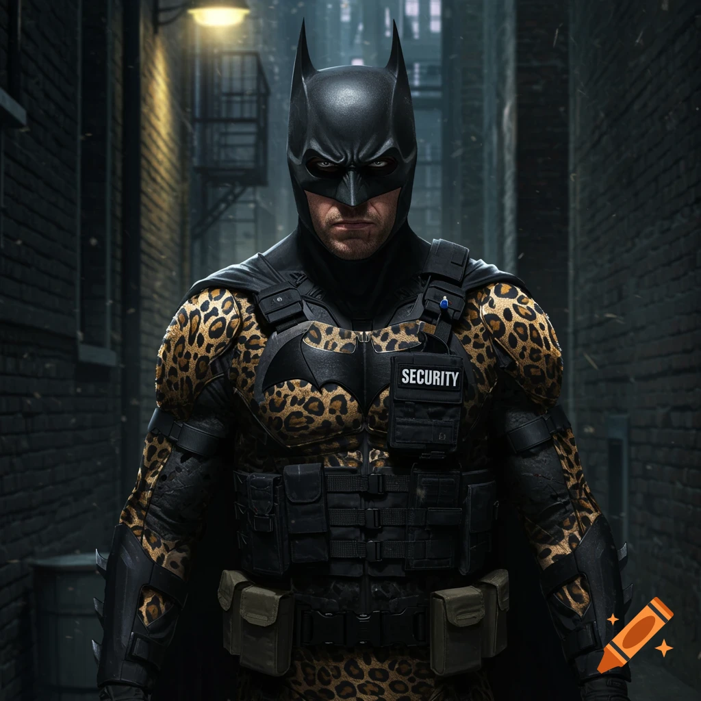 Photorealistic image of Batman in a leopard print suit and tactical security vest standing in a dark alley.