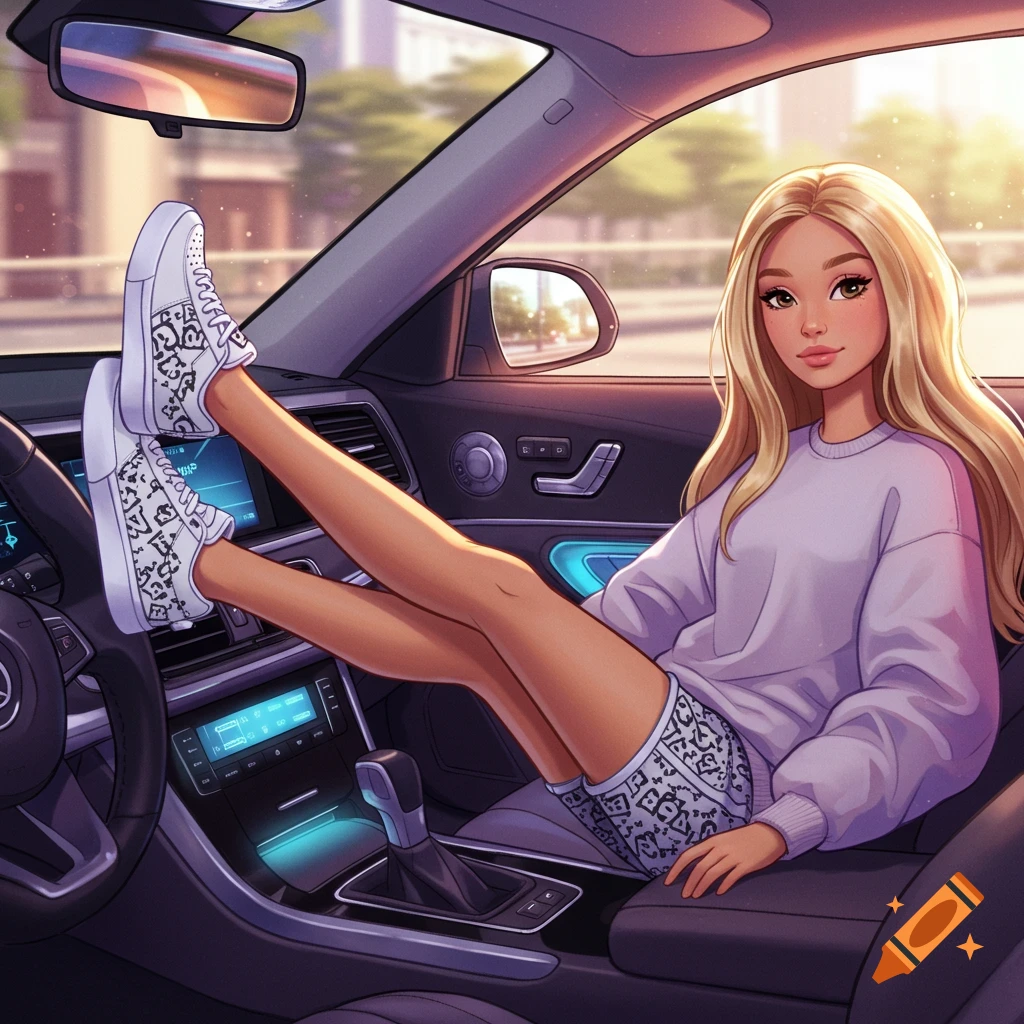 A young woman with long blonde hair sits inside a car with her feet up on the dashboard, wearing a lavender sweatshirt and patterned shorts. The image is in a digital illustration style.
