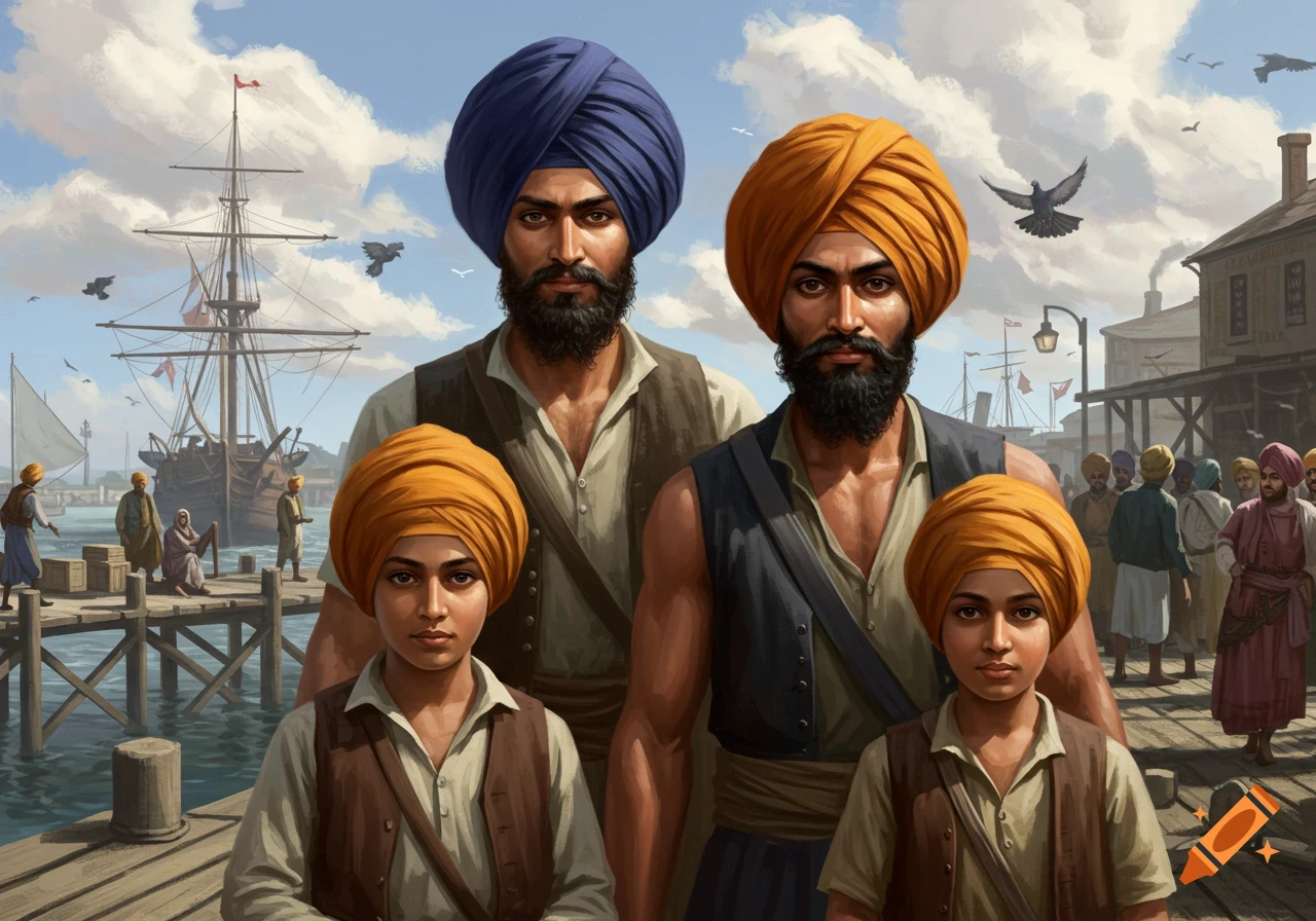 Illustration of two adult and two young Sikh men with turbans standing at a bustling 1800s port with ships and people in the background.