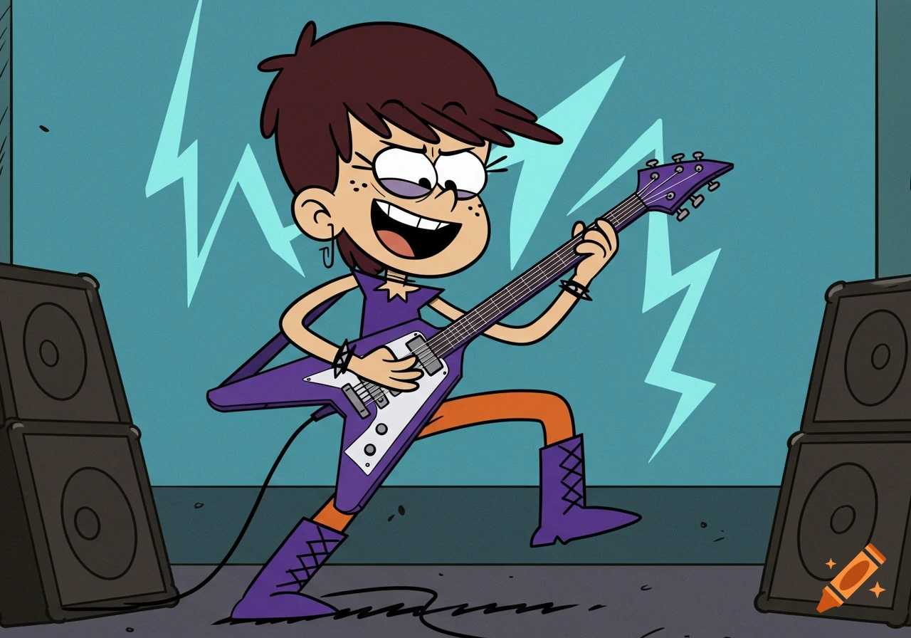 Cartoon character Luna Loud from The Loud House plays a purple electric guitar on stage with lightning bolt graphics.