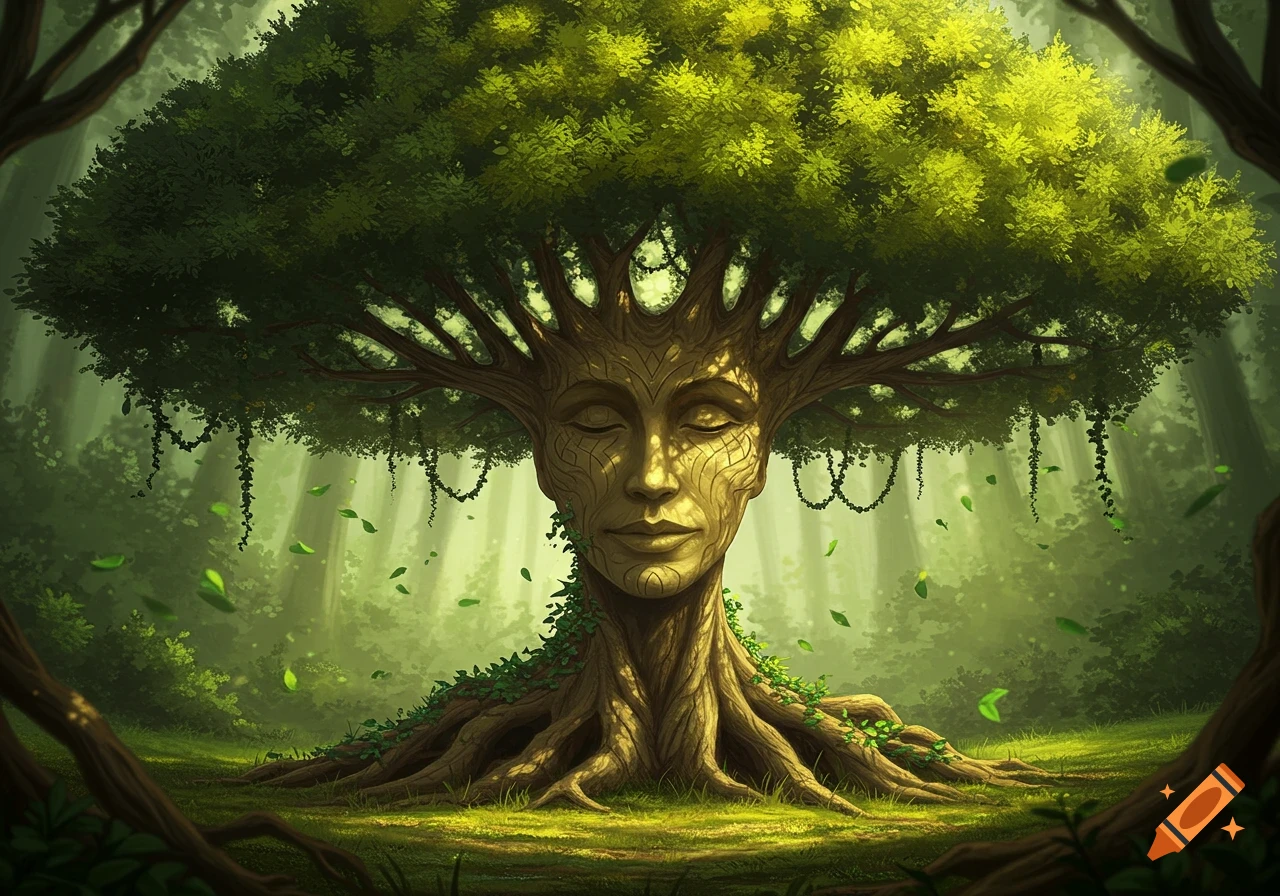 Fantasy illustration of a tree with a humanoid face on its trunk, in a lush green forest with light rays.