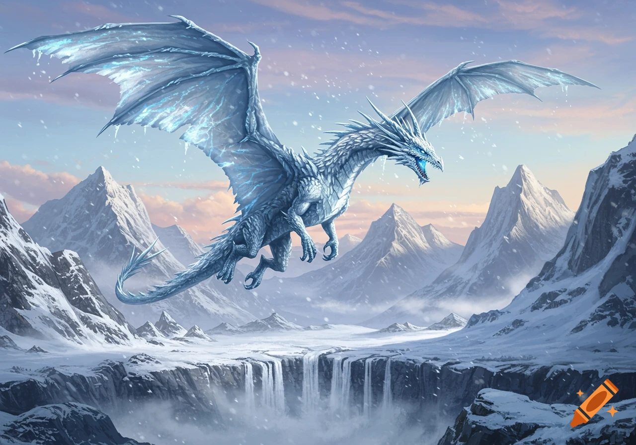 A majestic ice dragon with glowing blue wings flies over a snowy mountain range featuring waterfalls and a vast gorge.