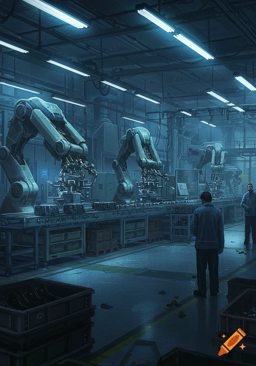 Robotic arms on an assembly line operate in a dimly lit factory while two men stand observing, in a photorealistic style.