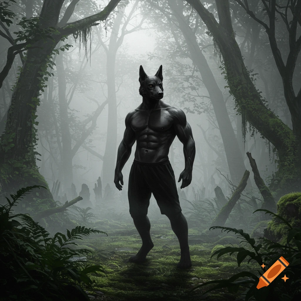 A dark, muscular dogman stands in a foggy, mossy forest.