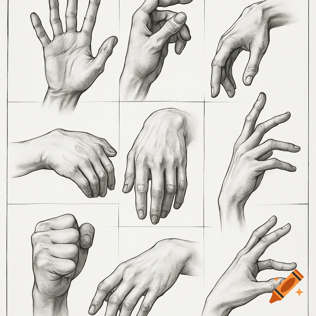 A black and white pencil sketch reference sheet showing nine realistic human hands in various poses.