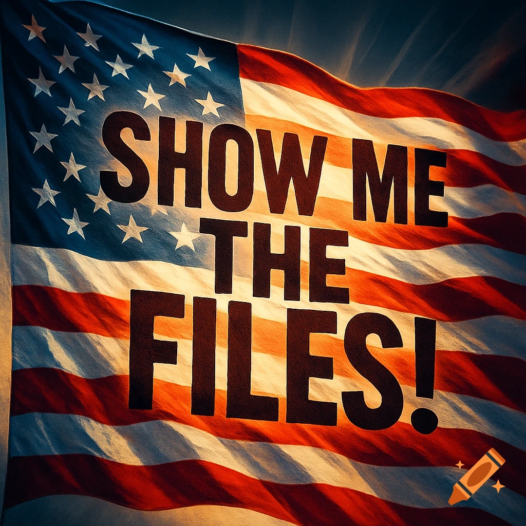 A waving American flag with the bold text 'SHOW ME THE FILES!' superimposed across it.
