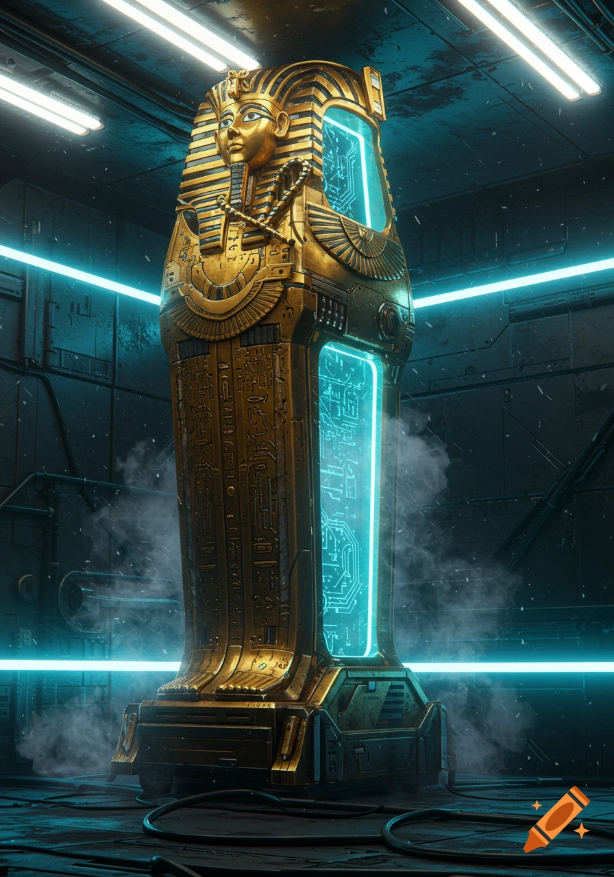 A golden, futuristic sarcophagus with glowing blue panels and hieroglyphic patterns stands in a dark, misty sci-fi room with neon lights.