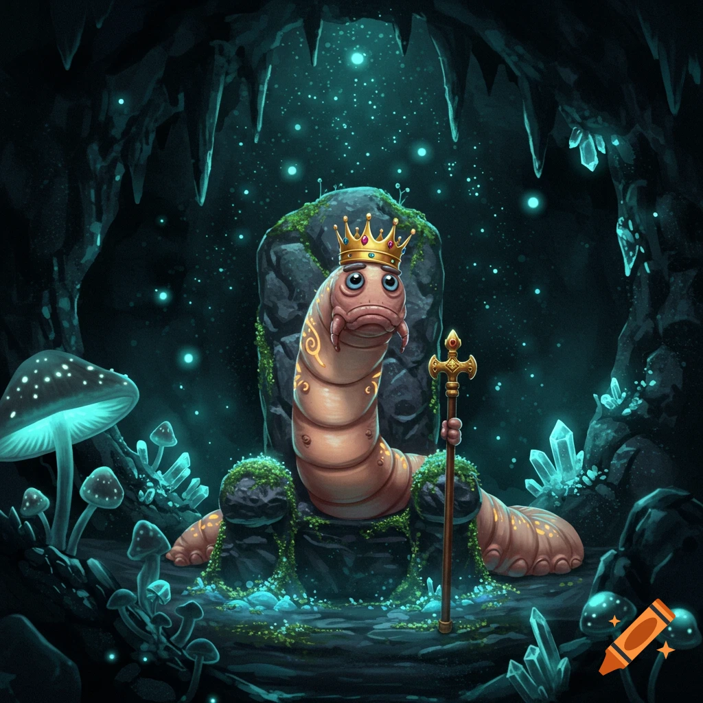 An illustrated fantasy image of a king worm with a golden crown sitting on a rock throne in a dark, glowing cave with blue mushrooms and crystals.
