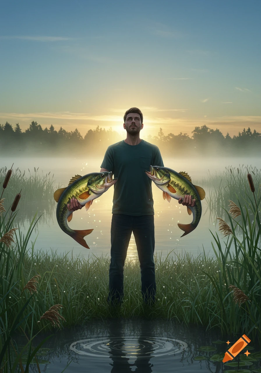 A man holding two large bass fish in a misty pond at sunset.