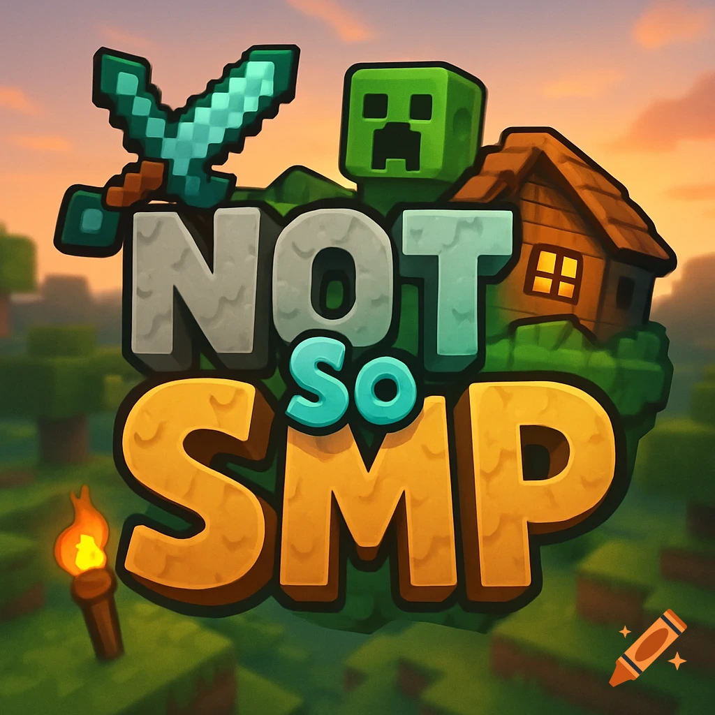 A colorful logo for "NOT So SMP" in a Minecraft-inspired style, featuring a diamond sword, a Creeper, a small house, and a torch against a blocky landscape background.