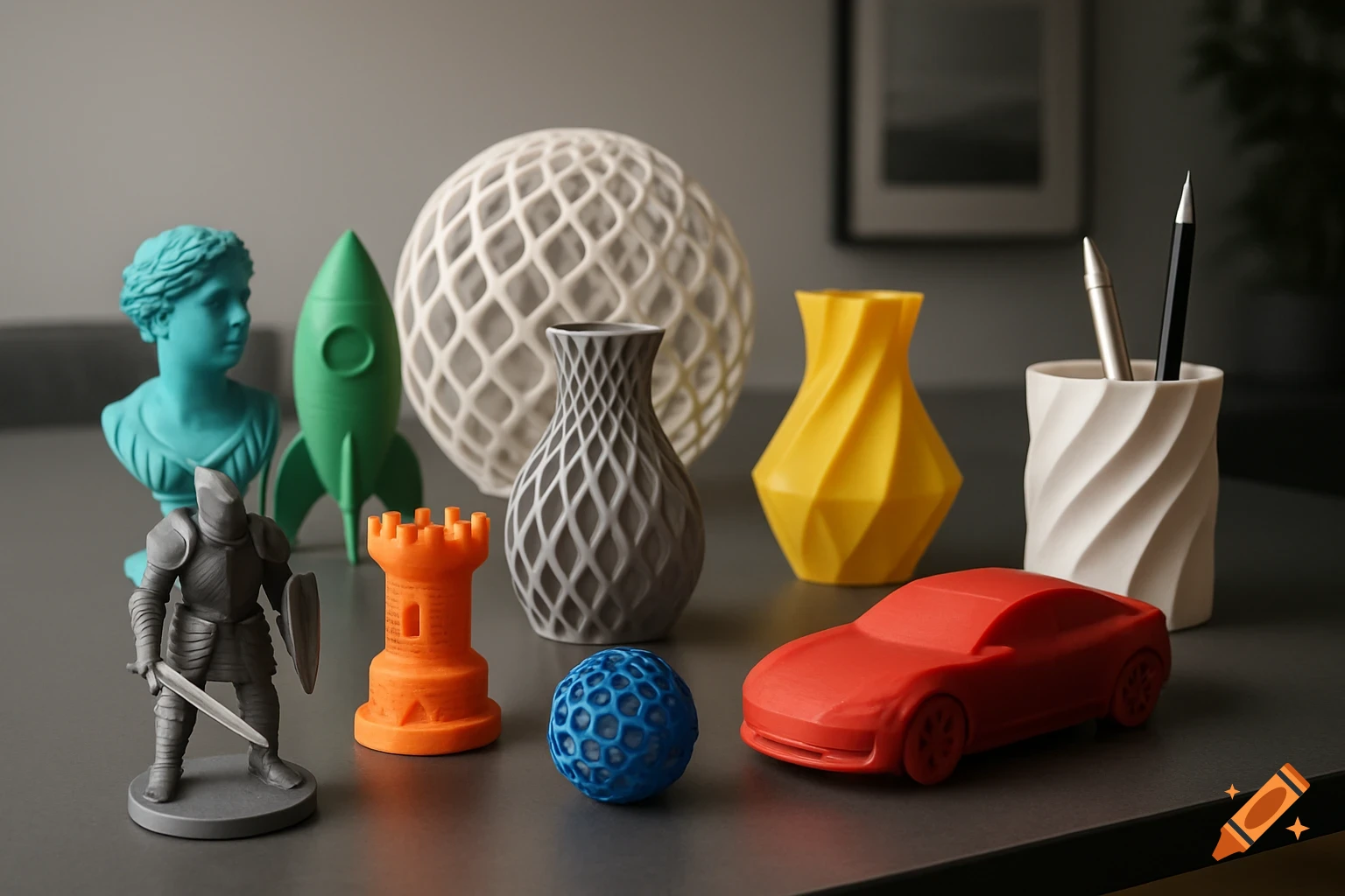 A collection of colorful 3D printed objects including vases, a knight, a rocket, a bust, and a car on a table, photorealistic.