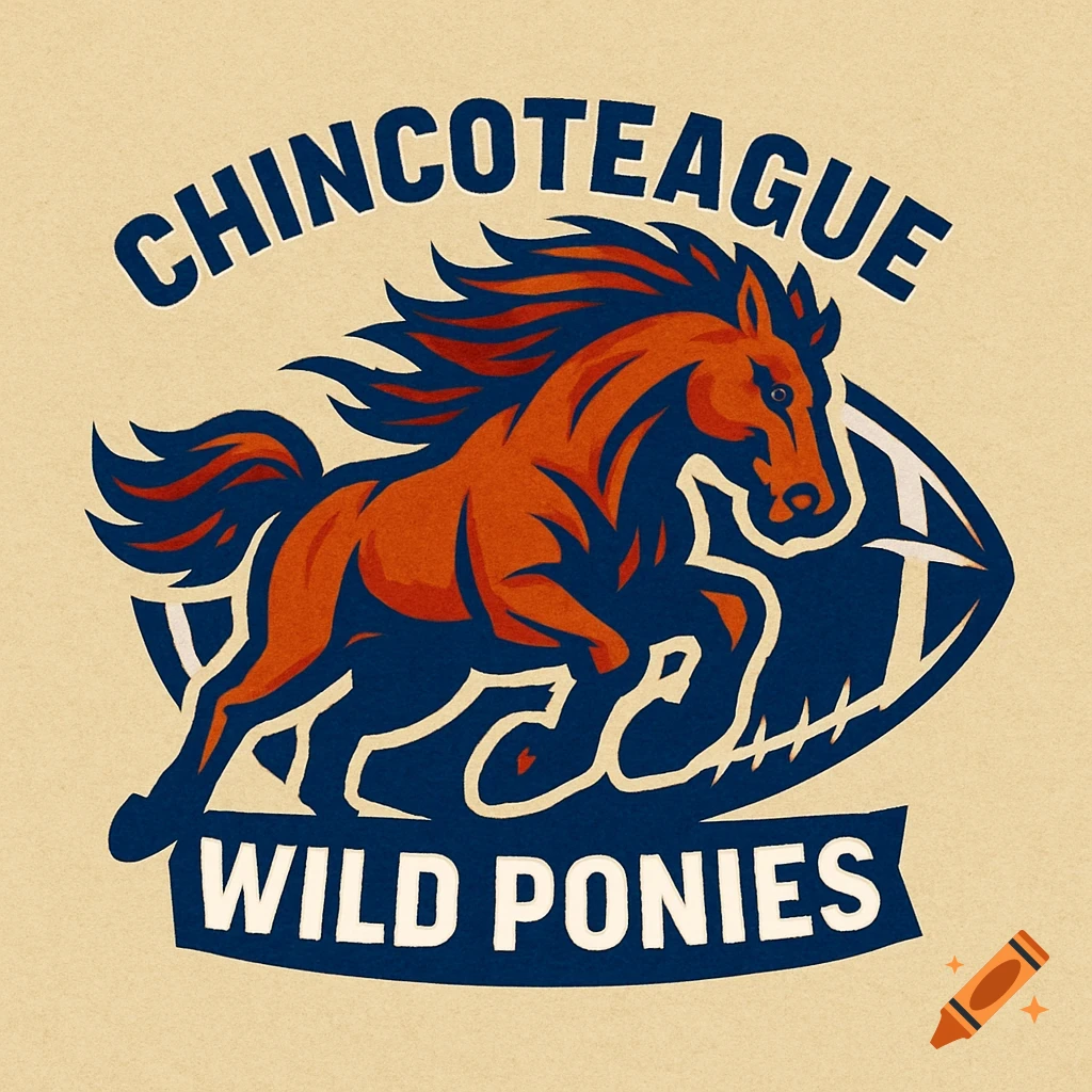 A stylized logo for the Chincoteague Wild Ponies college football team, featuring a galloping brown horse over a football shape.