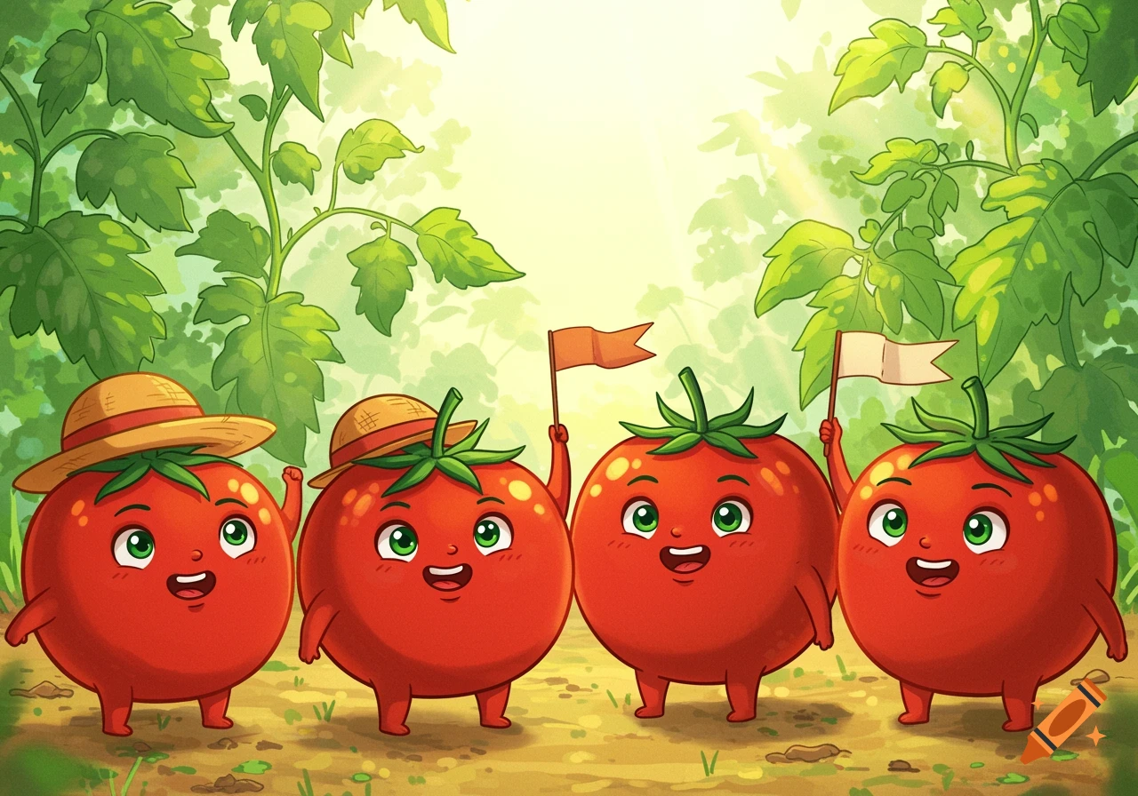 Four cheerful cartoon tomatoes, two wearing straw hats and two holding small flags, stand in a sunny garden.