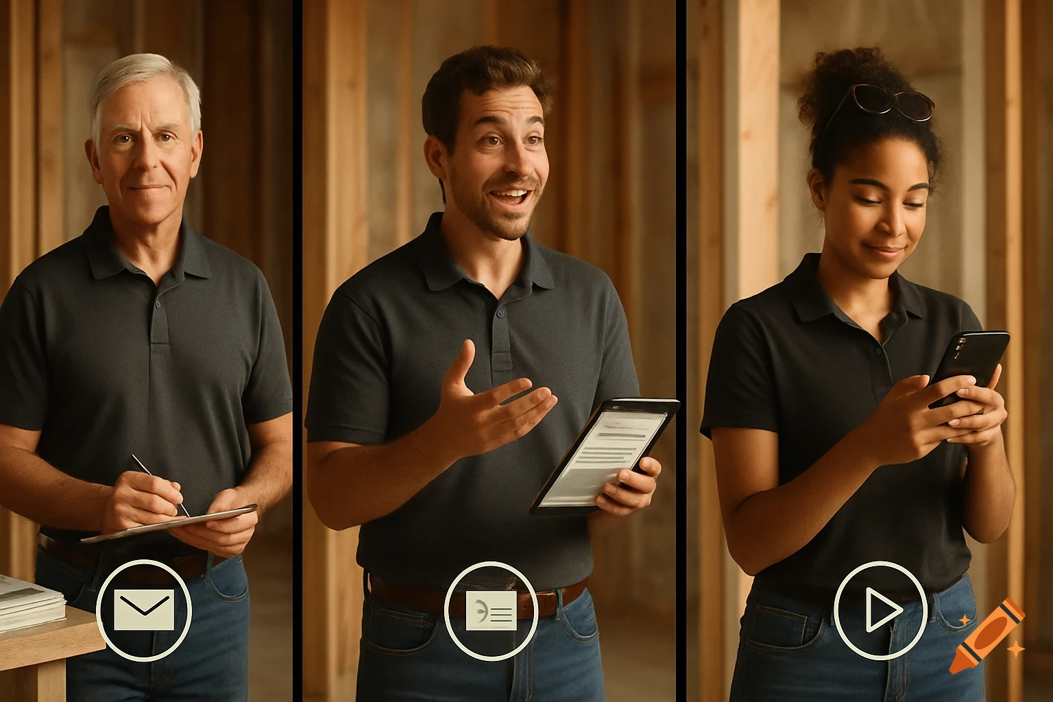 A triptych showing three construction professionals: an older man with a clipboard, a man speaking with a tablet, and a young woman using a smartphone, all in a framed wood construction site. Communication icons are at the bottom of each panel.