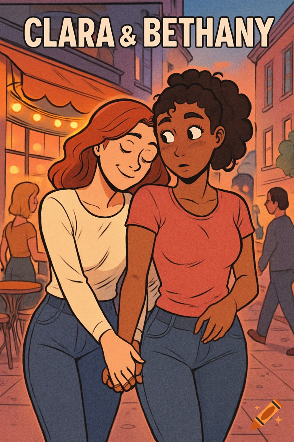 A comic art illustration of two women, Clara and Bethany, holding hands on a city street at sunset, with one resting her head on the other's shoulder.