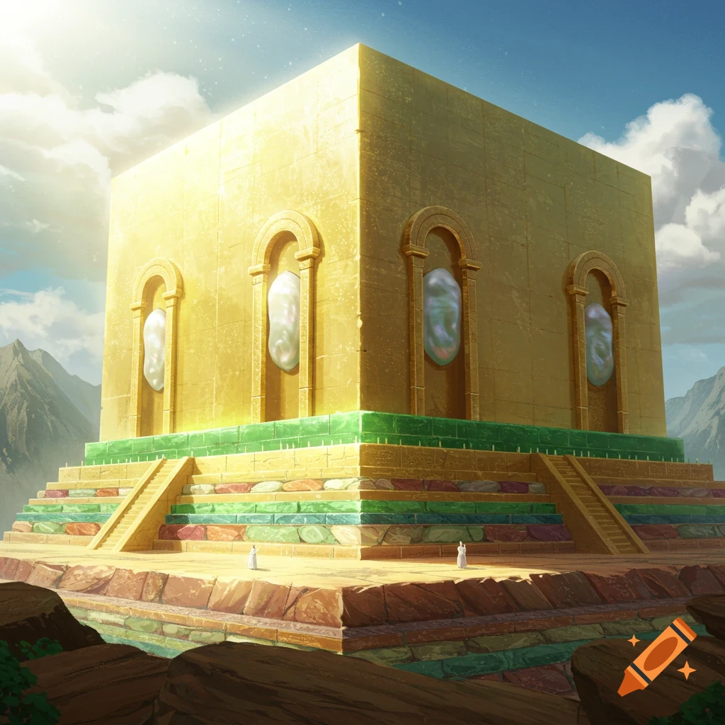 A colossal golden cube temple with arched gates featuring large pearls, a vibrant multi-colored gem base, set against a mountain landscape.