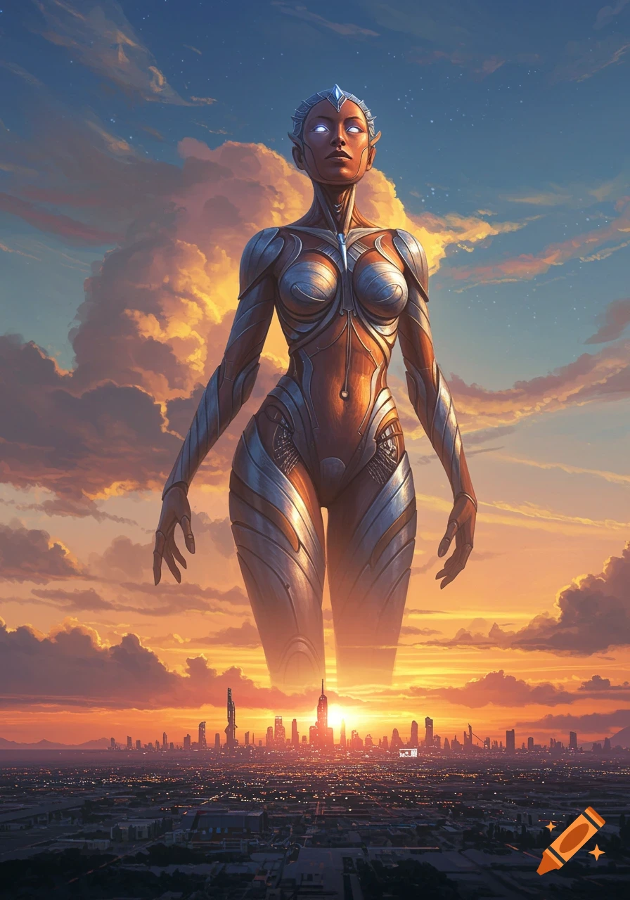A colossal female cyborg with glowing eyes stands over a futuristic city at sunset, surrounded by dramatic orange clouds.