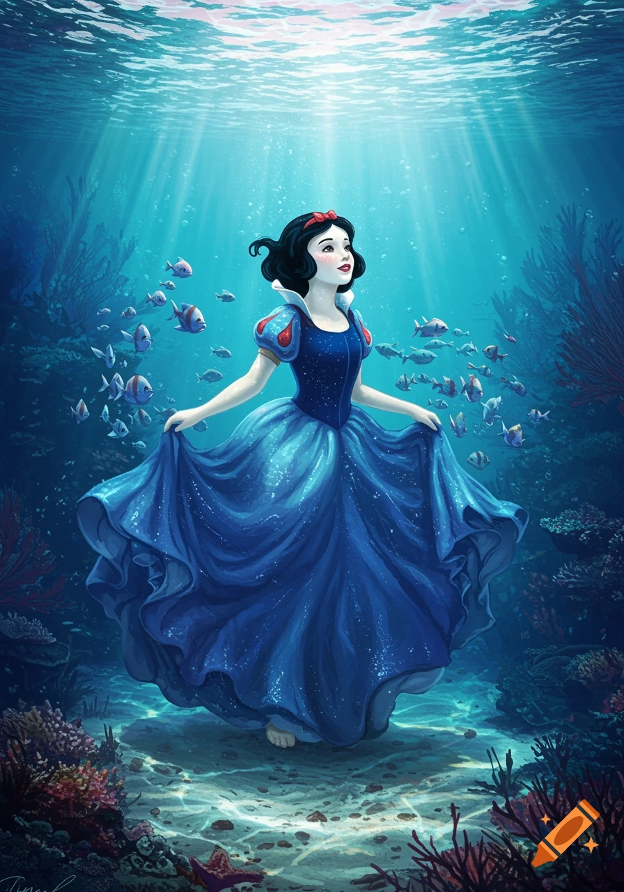 Snow White in a blue dress stands on the ocean floor surrounded by colorful fish and coral, with light rays from above.
