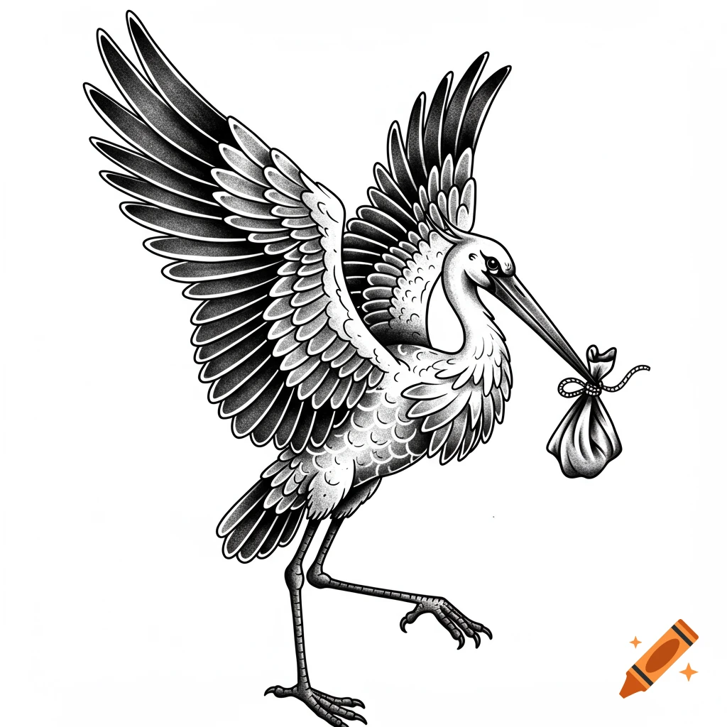 A black and white tattoo-style illustration of a stork in flight, holding a small tied package in its beak.