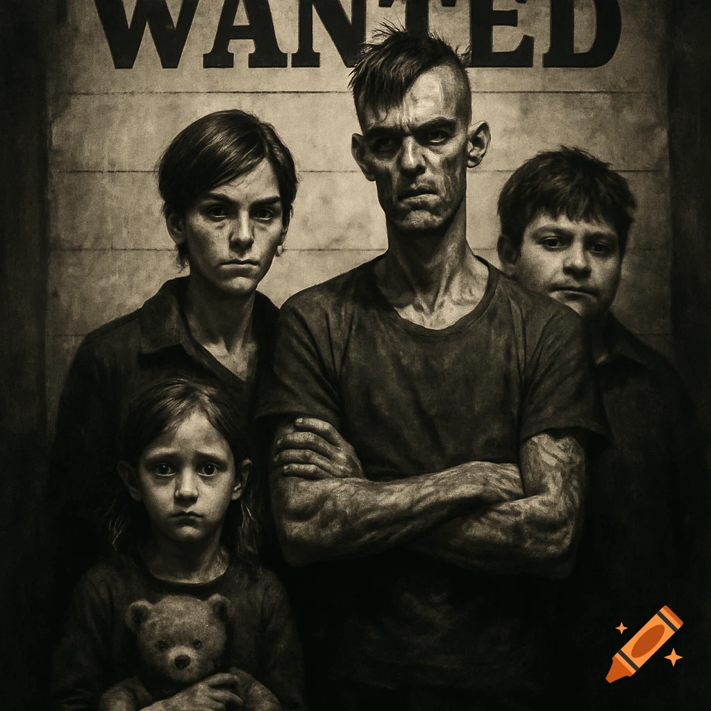 A black and white portrait of a gaunt family in front of a 'WANTED' poster, the girl holding a teddy bear.