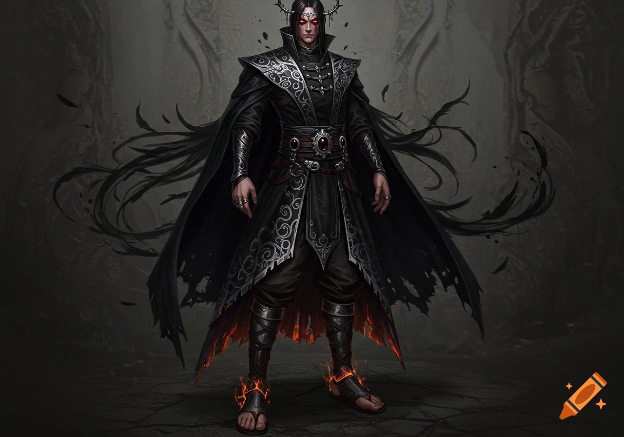 A dark fantasy male character with horns, red eyes, and a black silver-embroidered cloak, standing with fiery sandals and a smoky aura.