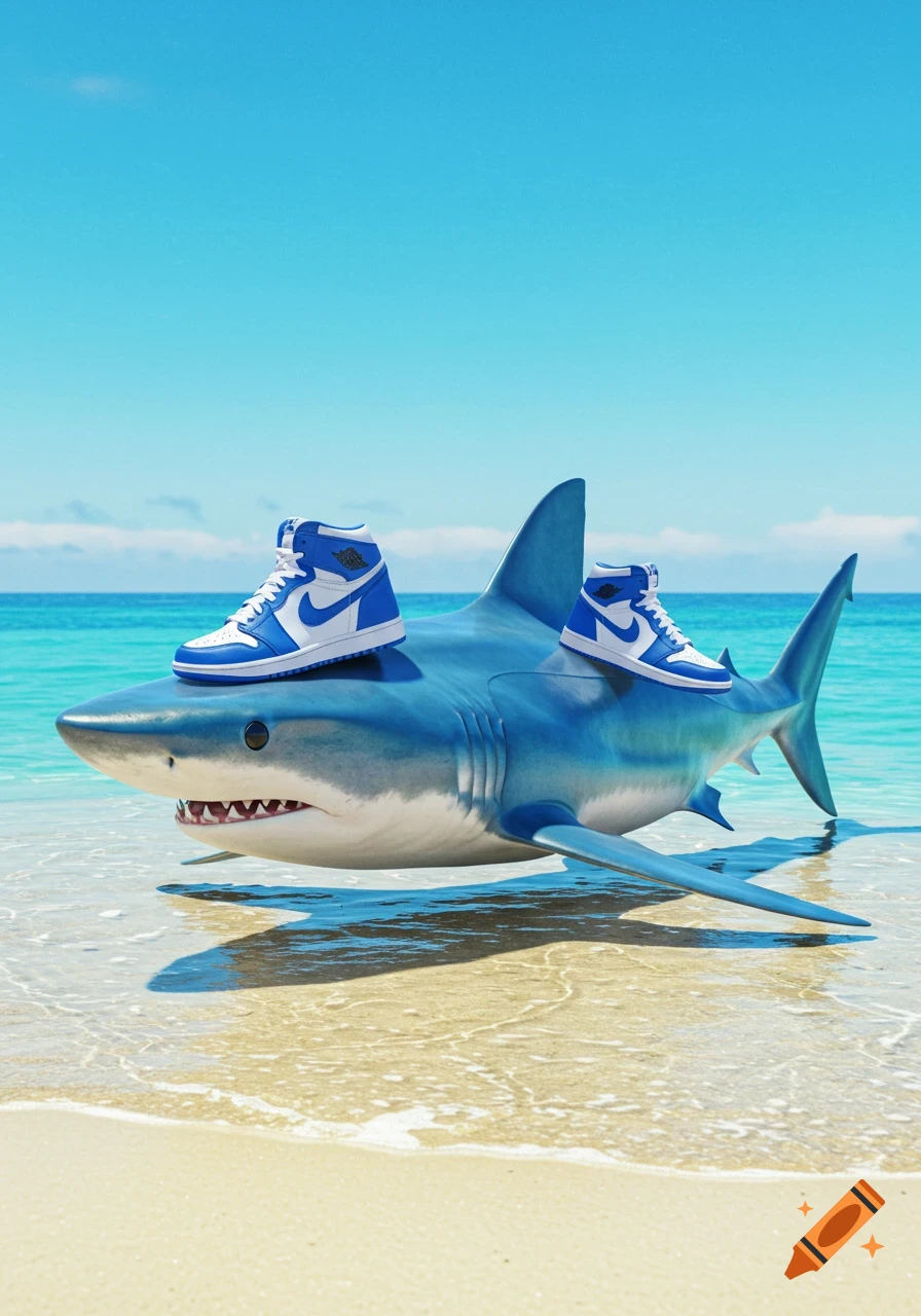 A blue shark with two blue and white sneakers on its back, sitting in shallow ocean water on a sandy beach under a clear sky.