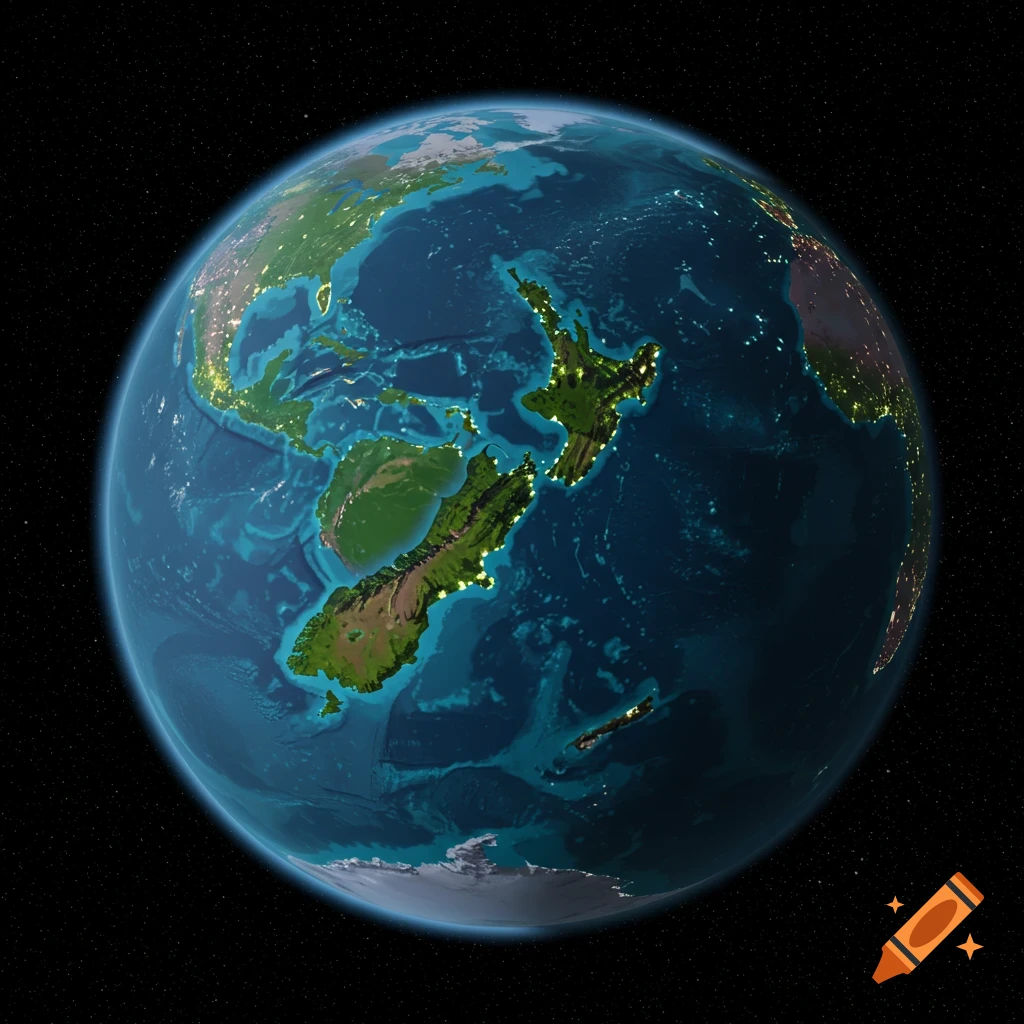 A detailed 3D rendering of Earth viewed from space, with New Zealand and surrounding landmasses prominently centered and illuminated by city lights.