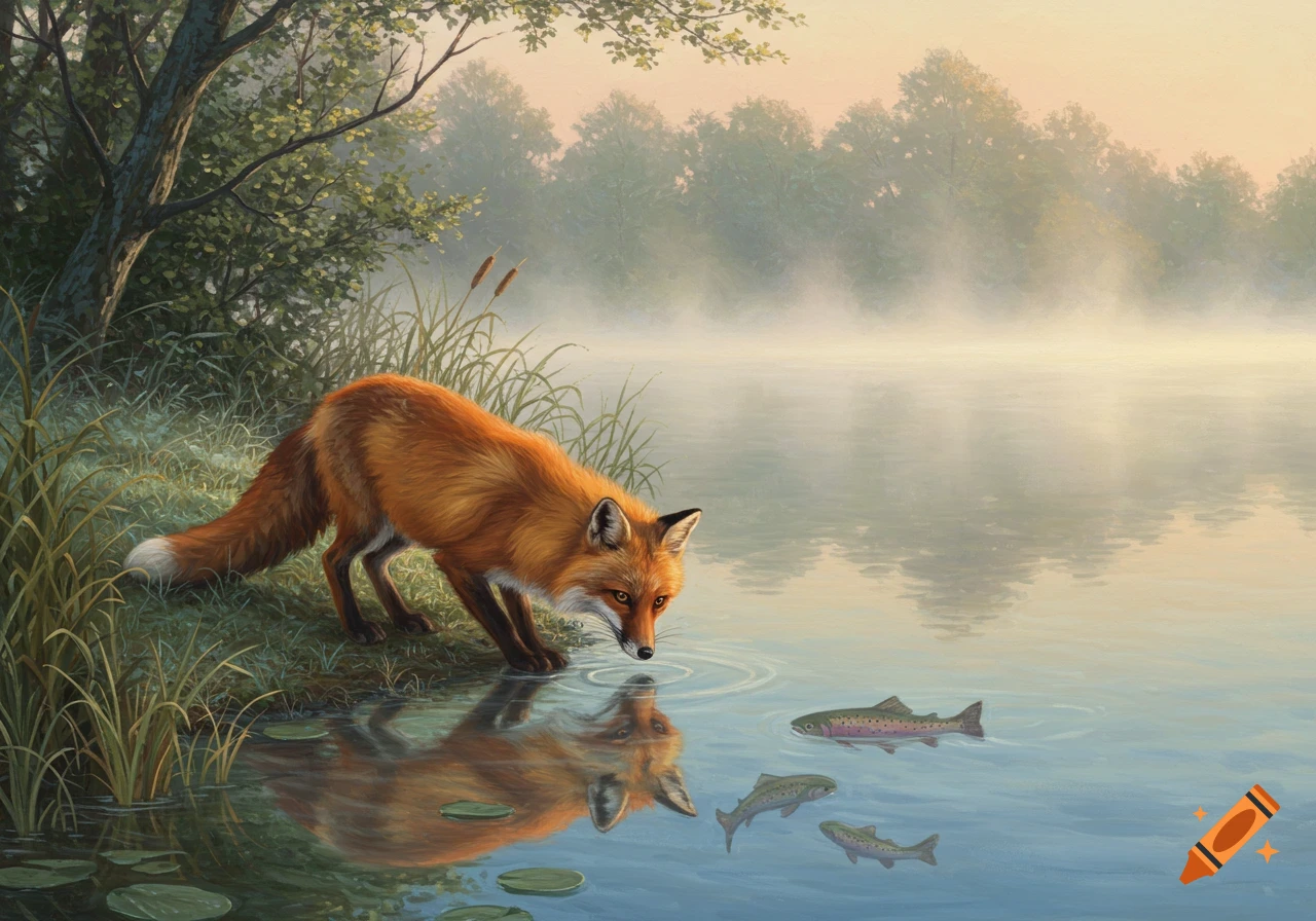 A realistic painting of a red fox by a misty lake, looking at fish in the water.