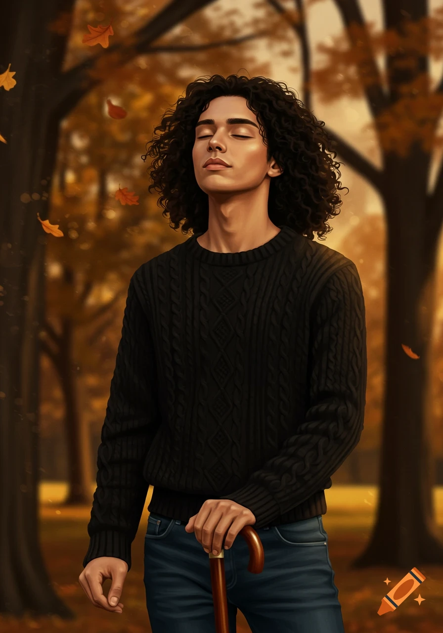 A young man with curly black hair and closed eyes, wearing a black sweater and jeans, holding a cane in an autumn park.