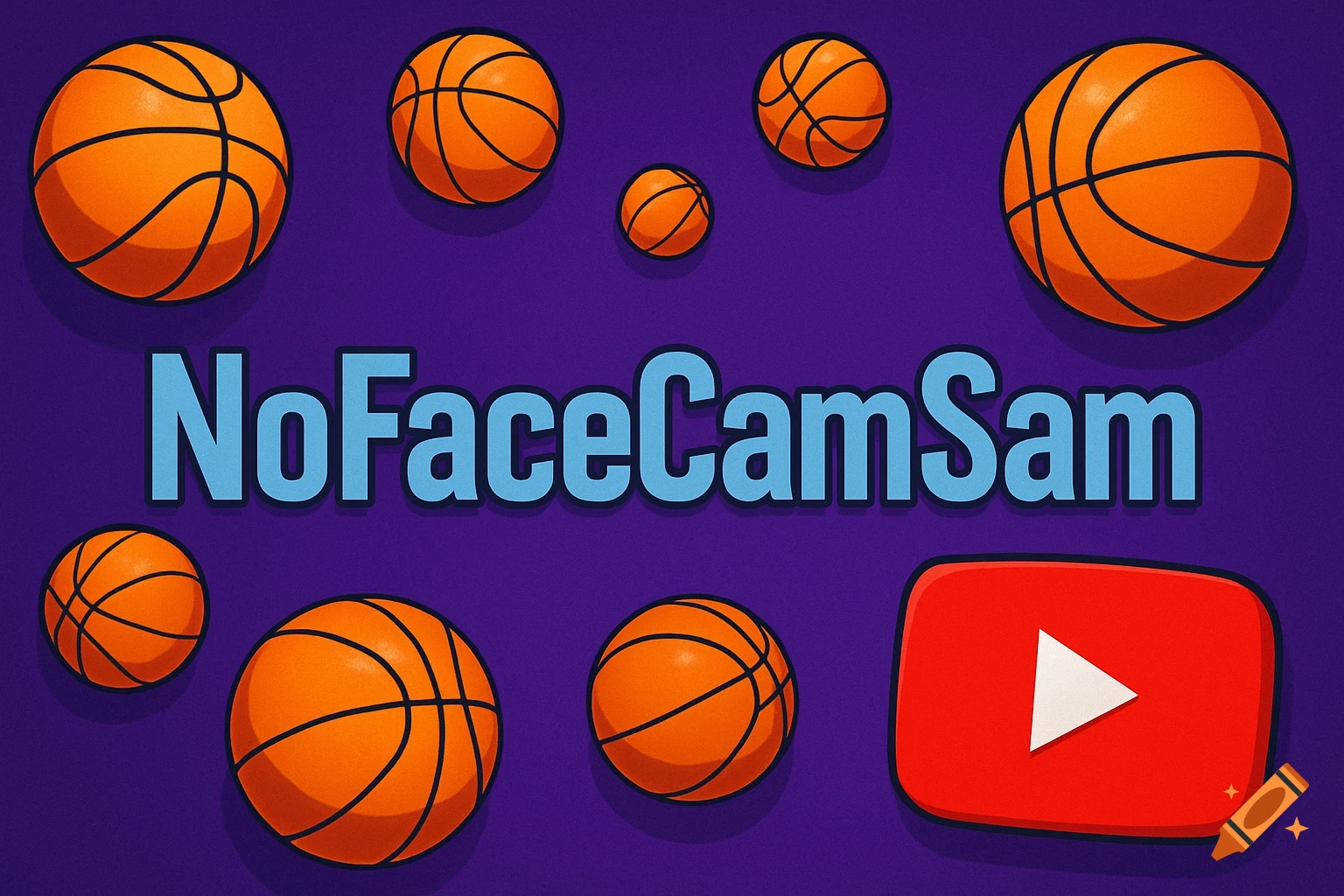 Stylized illustration with 'NoFaceCamSam' text, multiple basketballs, and a YouTube button on a purple background.