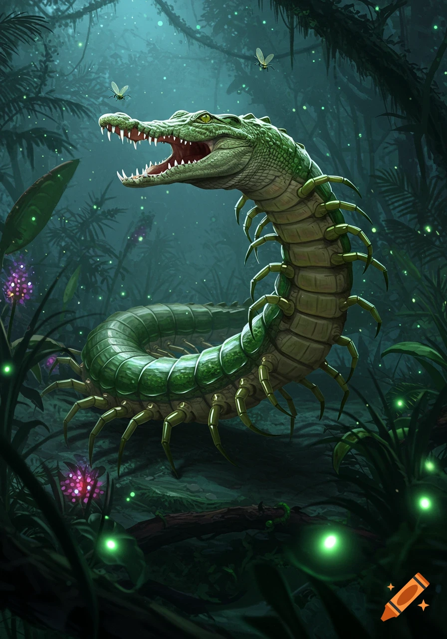A hybrid creature with a crocodile's head and a centipede's body in a dark, glowing jungle, with fireflies.