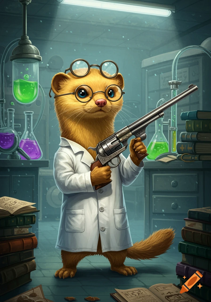 An anthropomorphic weasel in a lab coat and glasses holds a revolver in a science laboratory with beakers and books.