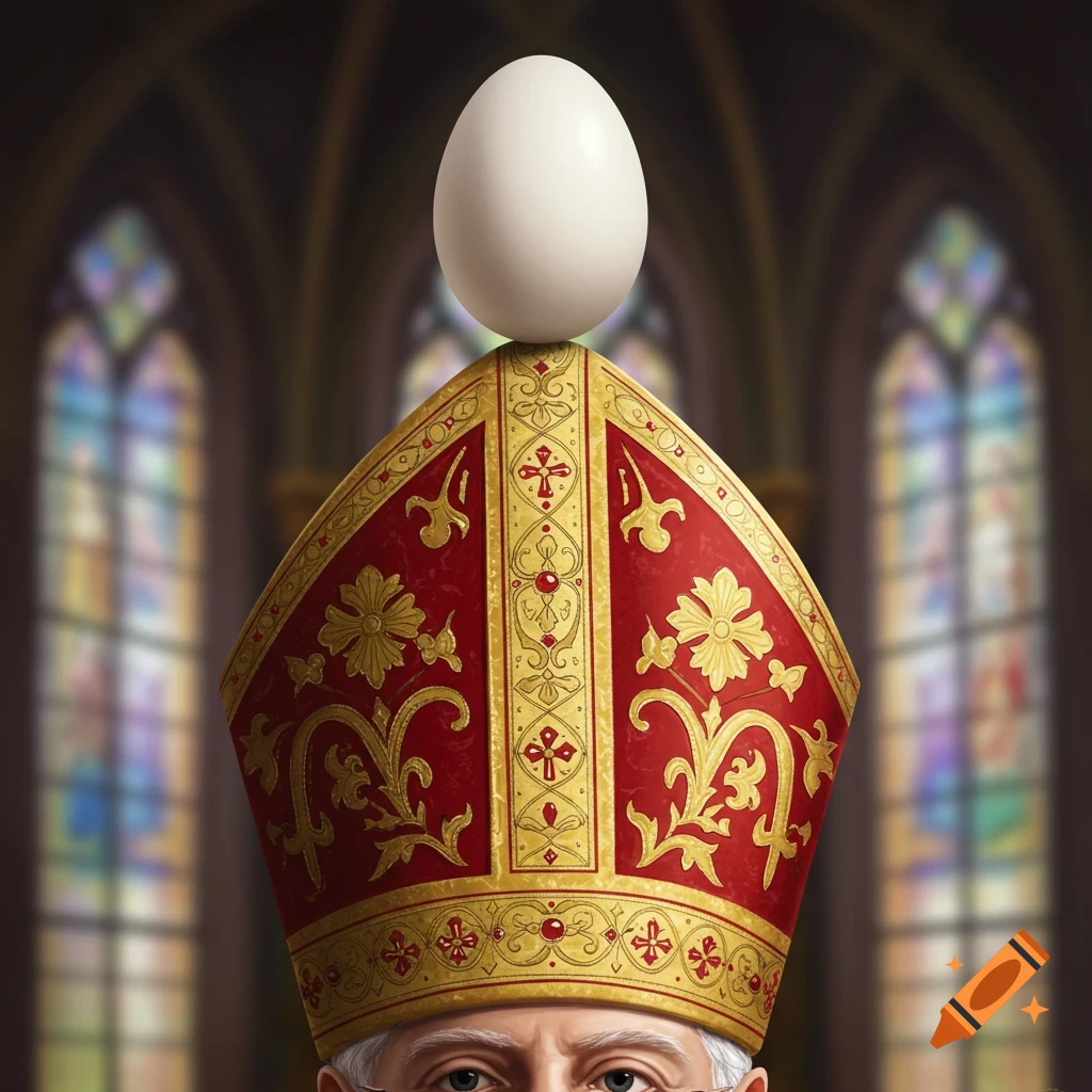 Close-up of a person wearing a red and gold pope's mitre with a white egg perfectly balanced on top, in a blurry church interior.