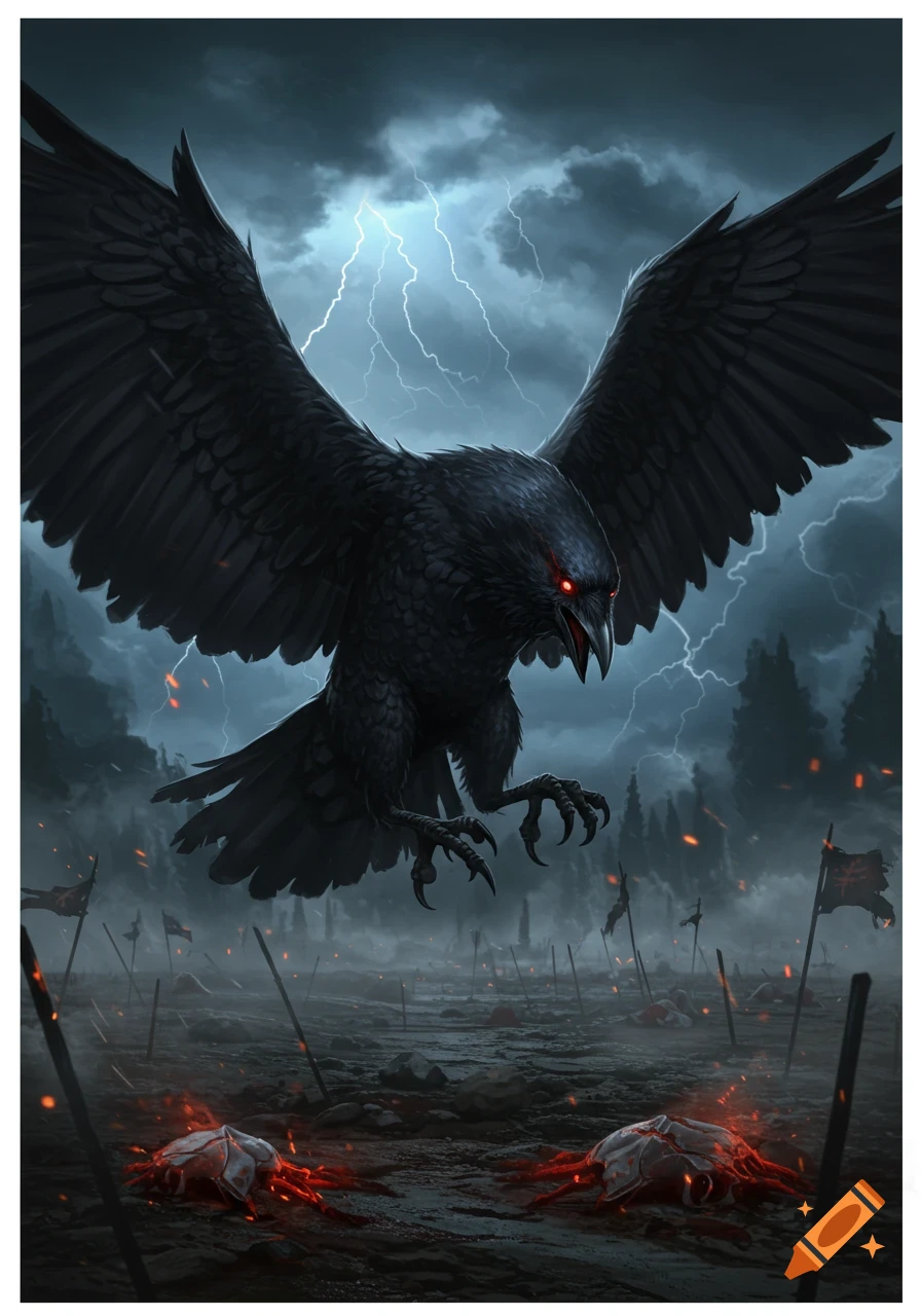 A large black crow with glowing red eyes descends over a desolate, stormy battlefield with lightning, strewn with flags and glowing debris.
