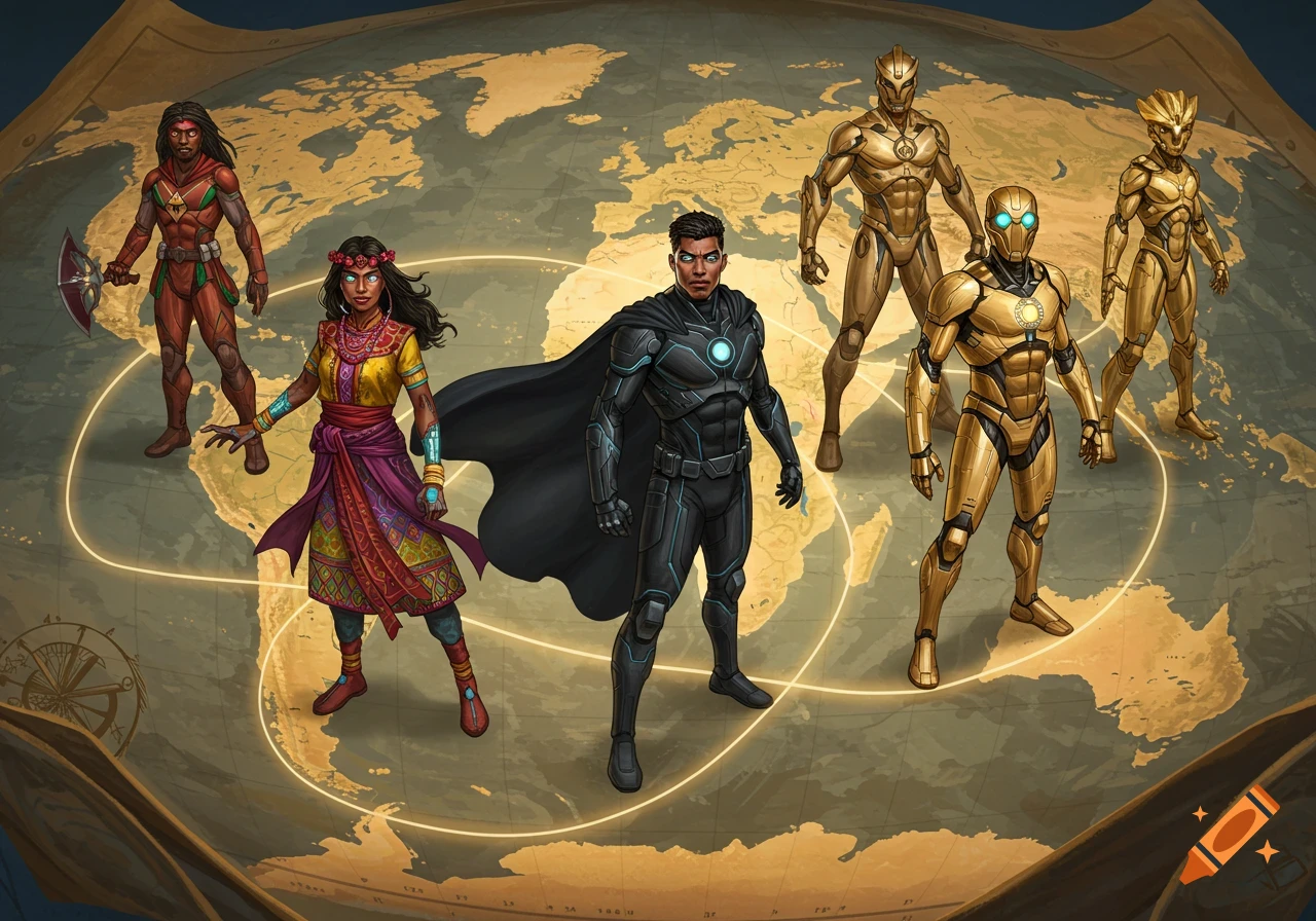 A diverse superhero team, including human-like figures and golden robots, standing on a stylized world map.