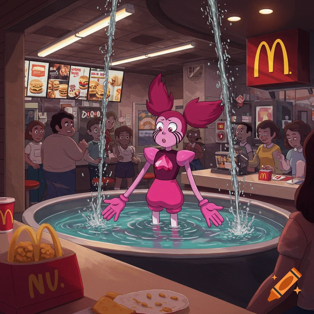 Spinel from Steven Universe stands in a pool of water in a McDonald's restaurant as other cartoon characters watch.