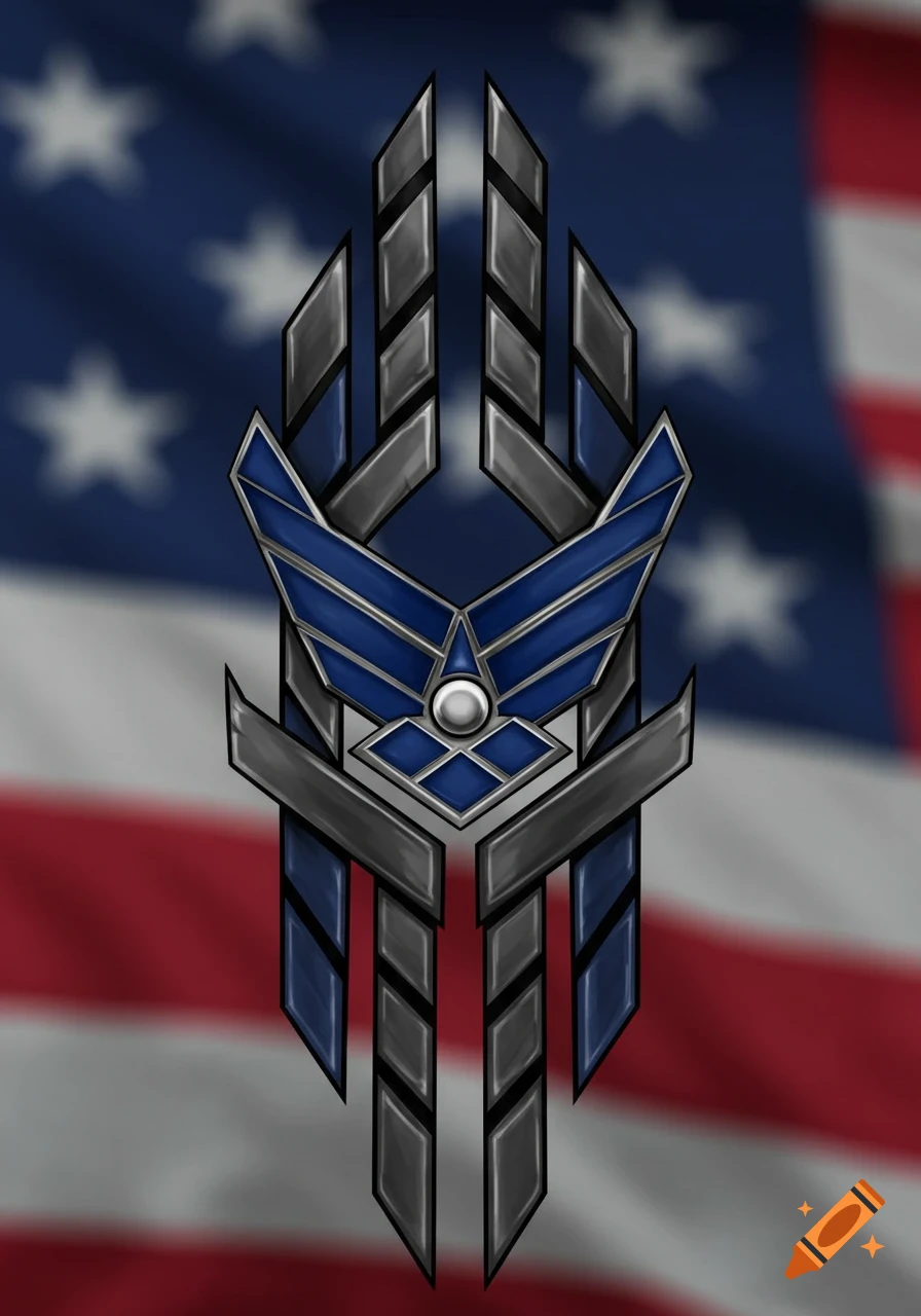 Stylized blue and grey emblem resembling a US Air Force insignia over a blurred American flag.
