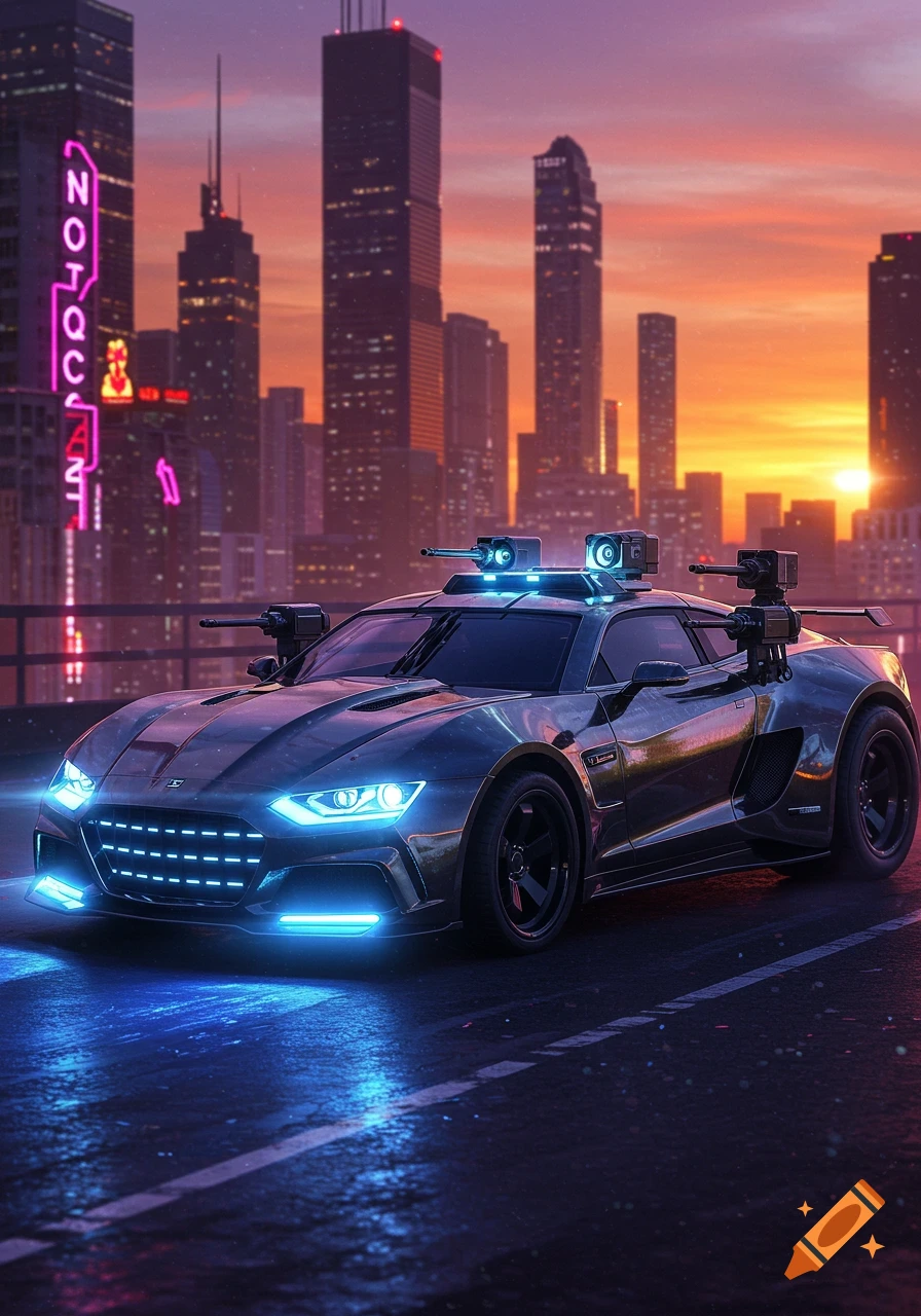 A sleek, black futuristic car with glowing blue lights and mounted weapons sits on a city street at sunset, surrounded by tall buildings.