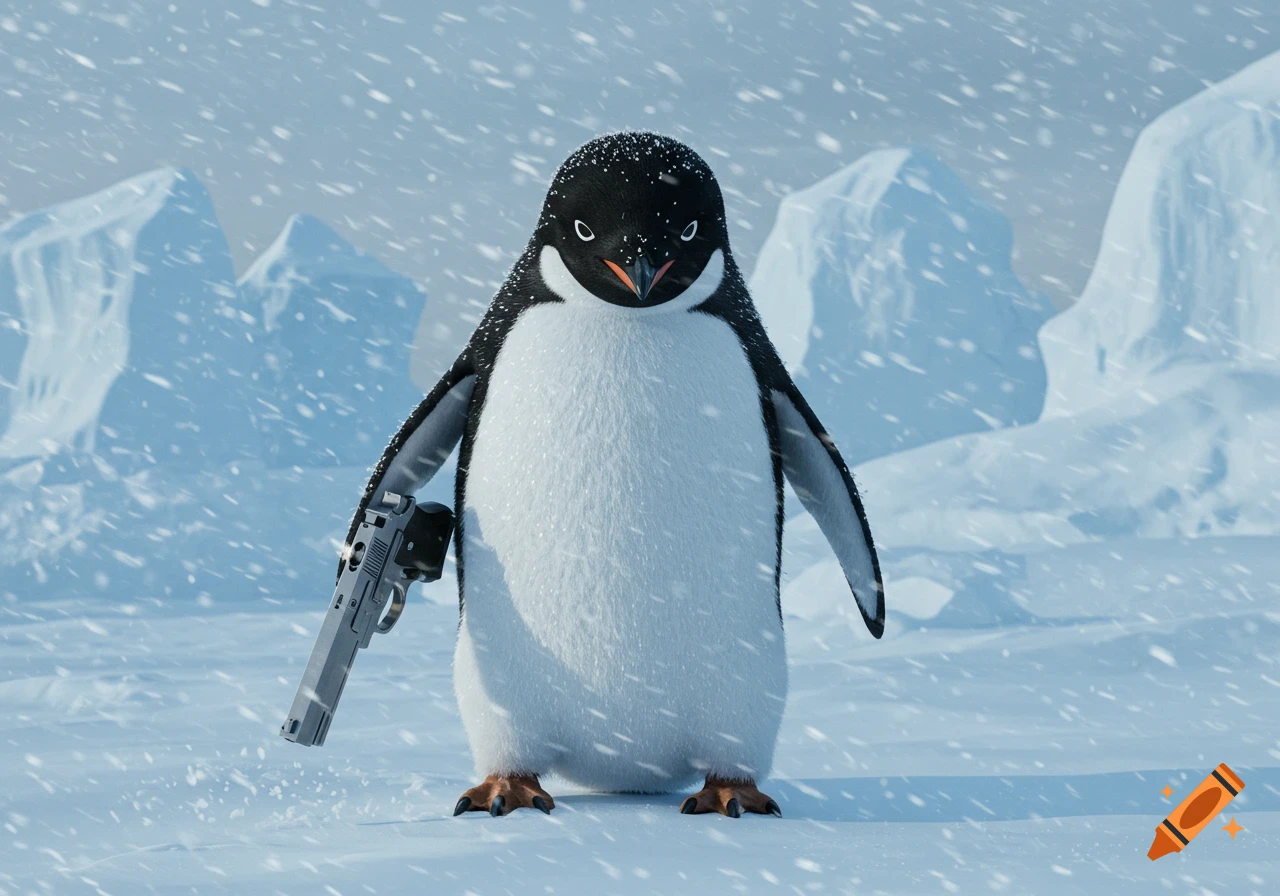 A penguin with an angry expression stands in a snowy arctic landscape, holding a silver handgun.