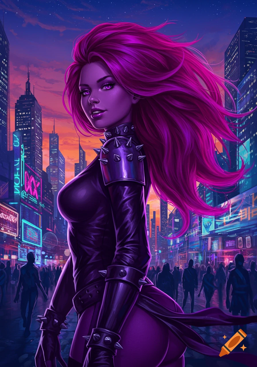 A stylized illustration of a woman with vibrant magenta hair and glowing purple eyes, wearing a black spiked leather outfit in a neon-lit futuristic city.