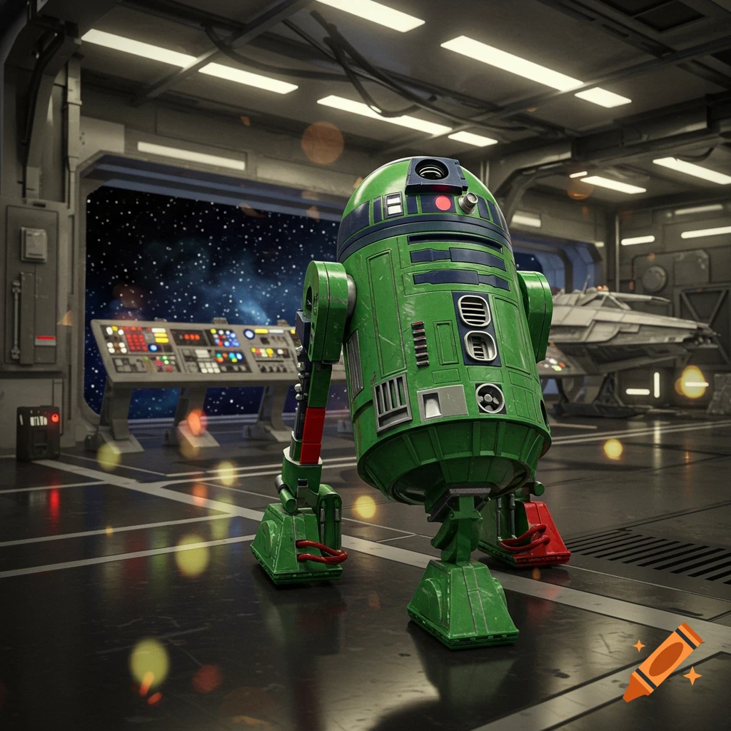 A green astromech droid with a red leg stands in a spaceship hangar, looking out at space.