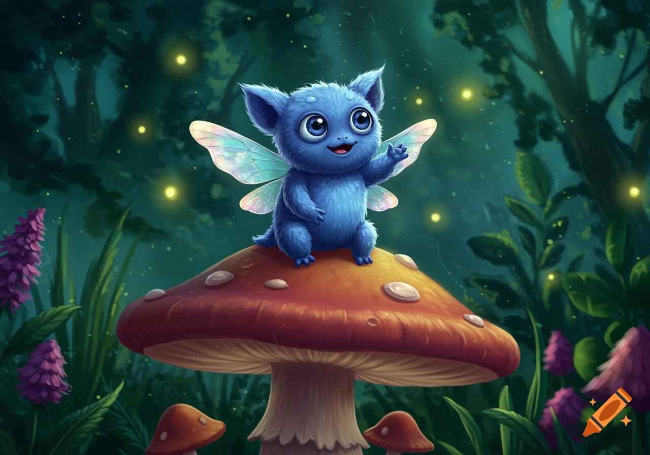 A cute blue furry fairy creature with wings sits on a red mushroom in a dark, glowing forest, waving.